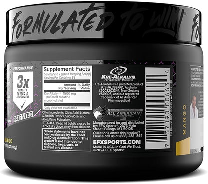 EFX Sports Kre-Alkalyn EFX Powder | pH Correct Creatine Monohydrate Powder Supplement | Strength, Muscle Growth & Performance | 55 Servings (Mango)