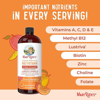 MaryRuth's Liquid Multivitamin + Lustriva® Hair Growth for Women| Biotin 10000mcg | Vitamin D | B Vitamins | Clinically Tested for Thicker Hair, Wrinkles, Fine Lines, Skin Care | Ages 18+ | 30 Fl Oz