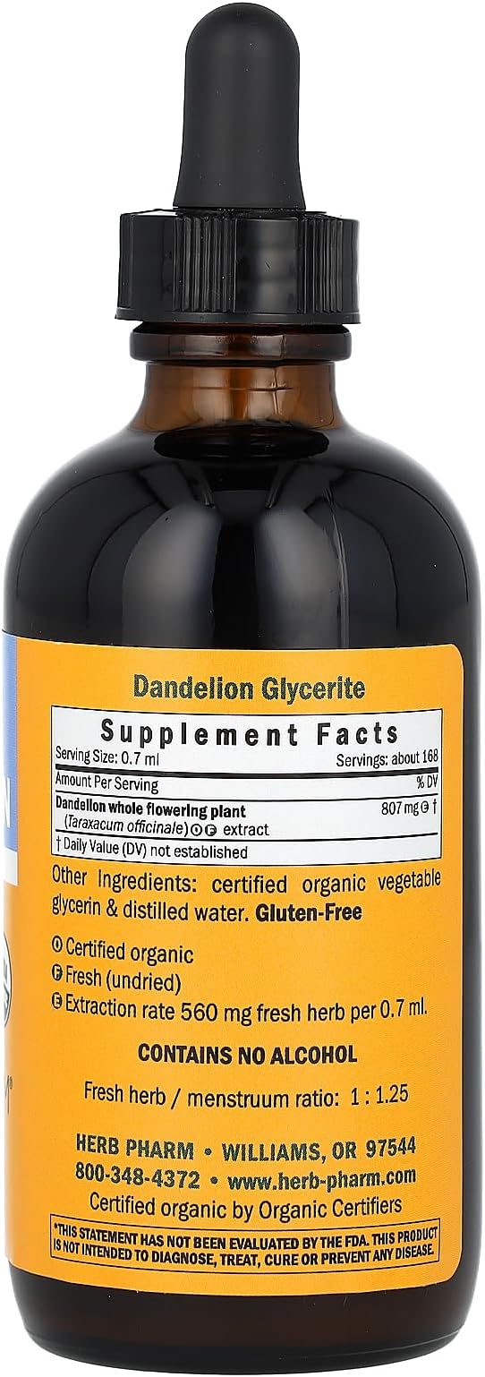 Herb Pharm Certified Organic Dandelion Liquid Extract for Cleansing and Detoxification, Alcohol-Free Glycerite, 4 Ounce