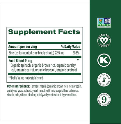 MegaFood Zinc Supplements - Vegan Immune Support Supplement with 22.5 mg High Potency Fermented Zinc - Made with Real Food - Gluten-Free, Kosher - 120 Tablets, 120 Servings