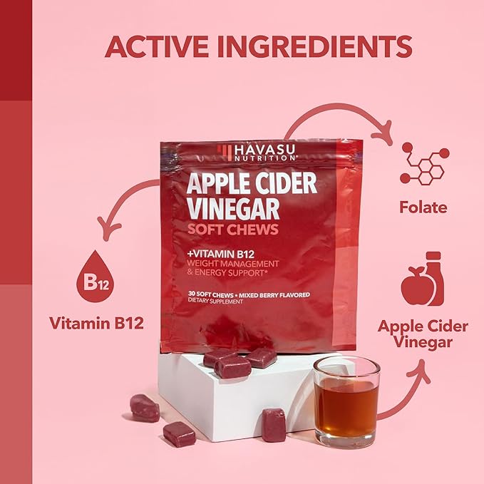 Apple Cider Vinegar Chews - Apple Cider Vinegar Supplements for Energy Management - Enhanced with Vitamin B12 and Folate - ACV Chews - 1 Month Supply Individually-Wrapped Chews