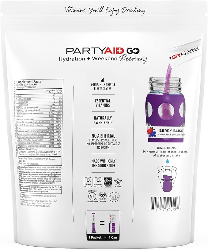 PARTYAID GO Feel Good Tonight and Tomorrow, Zero Sugar, 5-HTP, B-Complex, Milk Thistle, Electrolytes, No Artificial Flavors or Sweeteners, Caffeine-Free, 30 Count (Pack of 1)