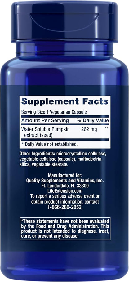 Life Extension Water-Soluble Pumpkin Seed Extract, Promotes Prostate & Urinary Tract Health, Bladder Health Support, Men, Women, Gluten-Free, Non-GMO, Vegetarian, 60 Capsules