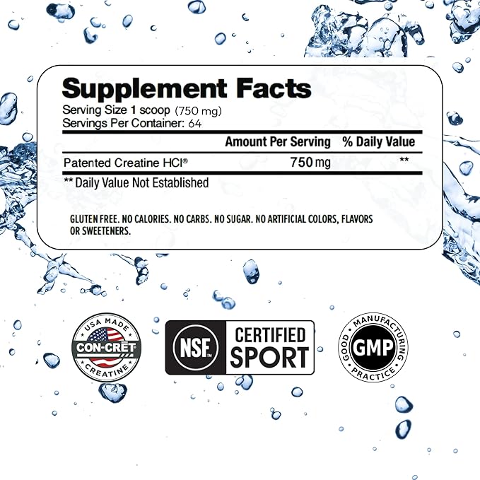 Creatine HCl Powder | Muscle, Cognitive, Cellular Energy Support | No Bloating or Cramps | USA Made & NSF Certified | Unflavored (64 Serving)