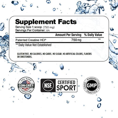 Creatine HCl Powder | Muscle, Cognitive, Cellular Energy Support | No Bloating or Cramps | USA Made & NSF Certified | Unflavored (64 Serving)