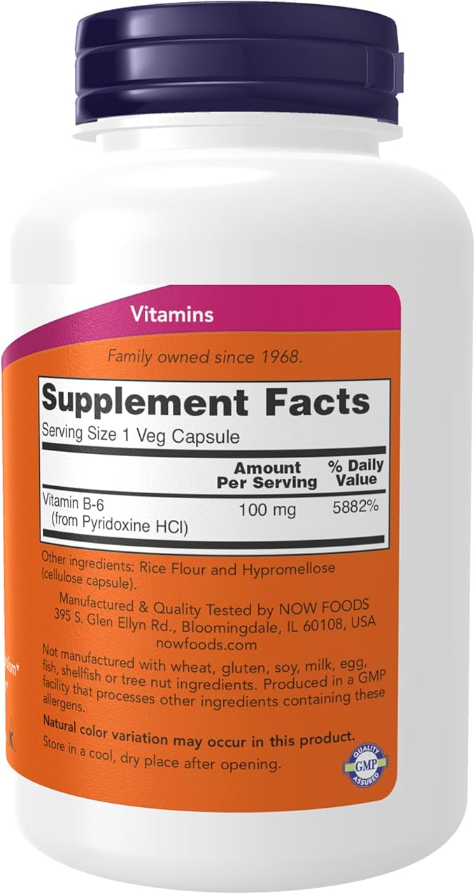 NOW Foods Supplements, Vitamin B-6 (Pyridoxine HCl) 100 mg, Cardiovascular Health, 250 Veg Capsules