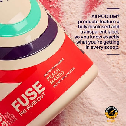 Podium Nutrition, Fuse Pre Workout Powder, Peach Mango, 30 Servings, Beta Alanine and Caffeine for Energy, Gluten Free, Soy Free, Dairy Free