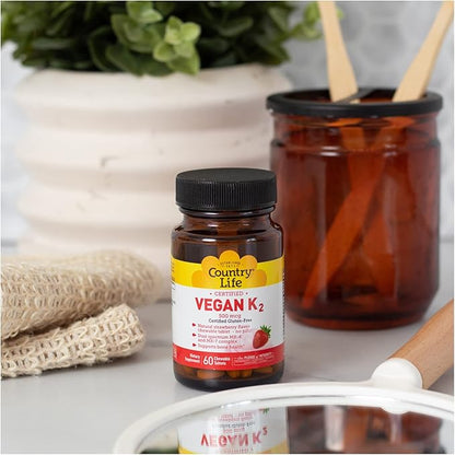 Country Life Vegan Vitamin K2, 500 mcg, Dual Spectrum MK-4 and MK-7 Complex, Supports Bone & Teeth Health, 60 Chewable Tablets, Strawberry Flavor