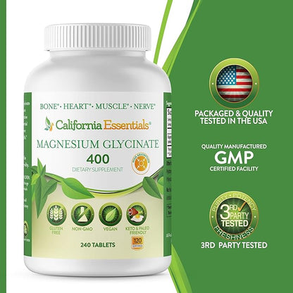 Magnesium Glycinate 400 - Chelated, High Absorption Magnesium for Muscle Relief, Bone & Heart Support -Vegan, Non-GMO, Gluten-Free 240 Tablets (Servings 120, Serving Size (2) 200mg Tablets)