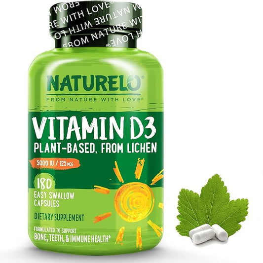 NATURELO Vitamin D - 5000 IU - Plant Based from Lichen - Natural D3 Supplement for Immune System, Bone Support, Joint Health - High Potency - Vegan - Non-GMO - Gluten Free - 180 Capsules