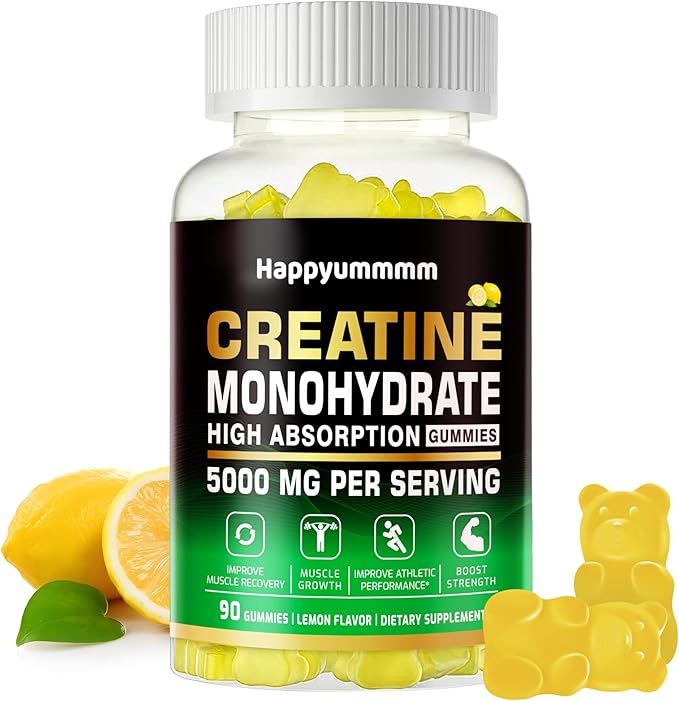 Creatine Monohydrate Gummies 5g for Men Women - Sugar Free Chewable Supplement. 90 Gummies Lemon.