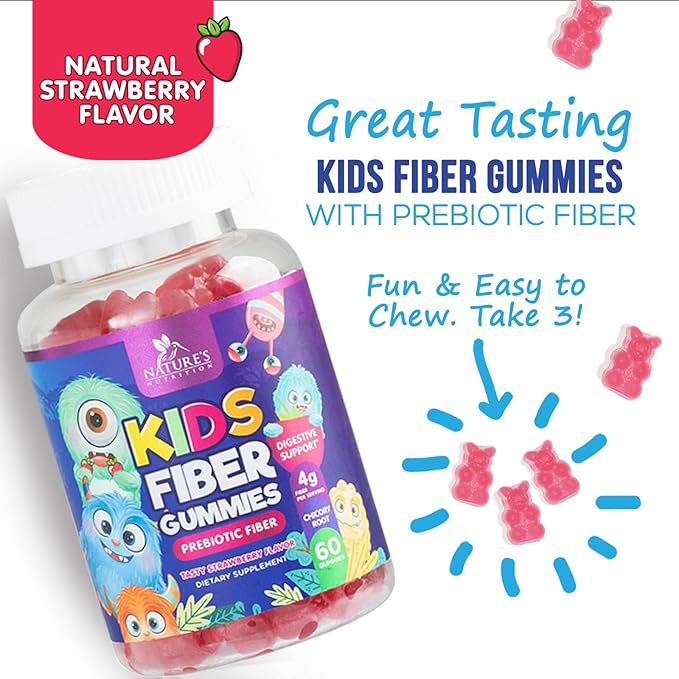 Fiber Gummies for Kids Supplement - Daily Prebiotic Fiber for Kids, Supports Regularity, Digestive Health & Immune Support, Nature's Plant Based Chicory Root Vitamins, Vegan, Berry Flavor, 60 Gummies