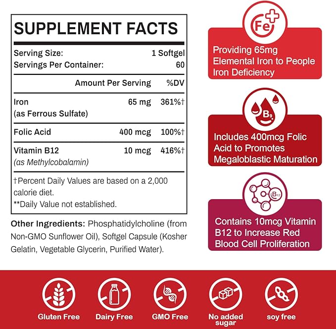 Liposomal Fe Iron Supplement for Women,65 mg Iron Supplements with Folic Acid & Vitamin B12 for Men,Red Blood Cell Production,Energy Support for Adults Iron Deficiency 60 Softgels(2 Bottle)