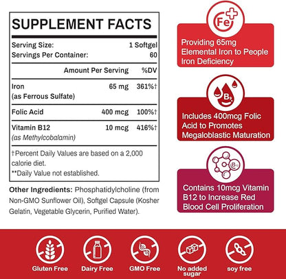 Liposomal Fe Iron Supplement for Women,65 mg Iron Supplement with Folic Acid & Vitamin B12 for Men,Red Blood Cell Production & Energy Support for Adults Iron Deficiency 60 Softgels(6 Bottle)