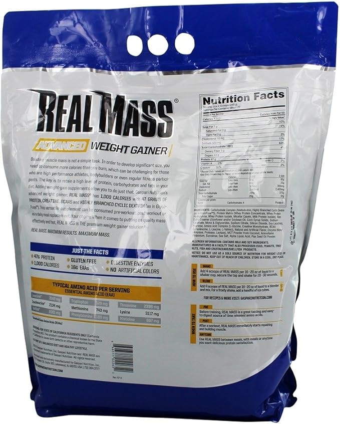 Gaspari Nutrition Real Mass, Advanced Weight Gainer, High Protein, Gycofuse Carbs, and Creatine Monohydrate, Modern Formulation for Mass (12 Pounds, Vanilla Milkshake)
