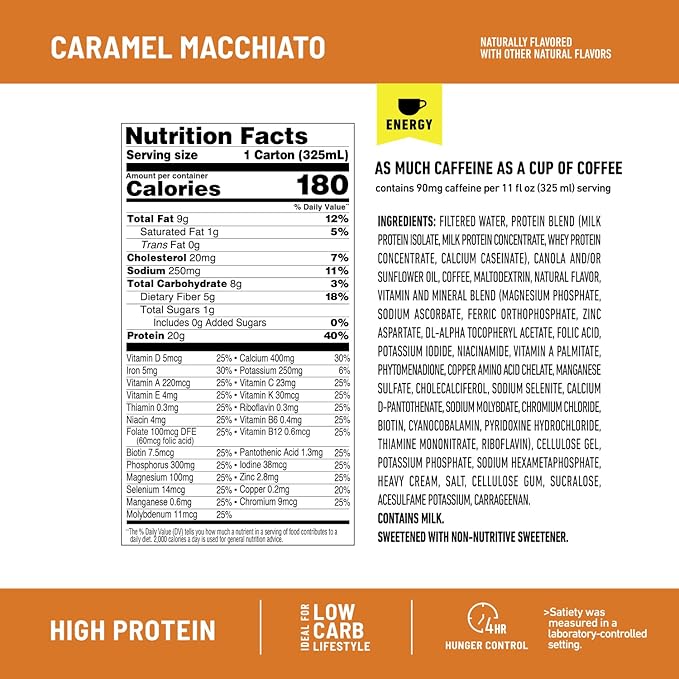 SlimFast Protein Shake with Caffeine, Caramel Macchiato- 20g Protein, Meal Replacement Shakes, High Protein with Low Carb and Low Sugar, 24 Vitamins and Minerals, 12 Count (Pack of 1)