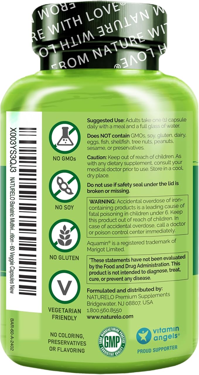 NATURELO Bariatric Multivitamin - One Daily with Iron - Supplement for Post Gastric Bypass Surgery Patients - Natural Whole Food Nutrition - 60 Veggie Capsules