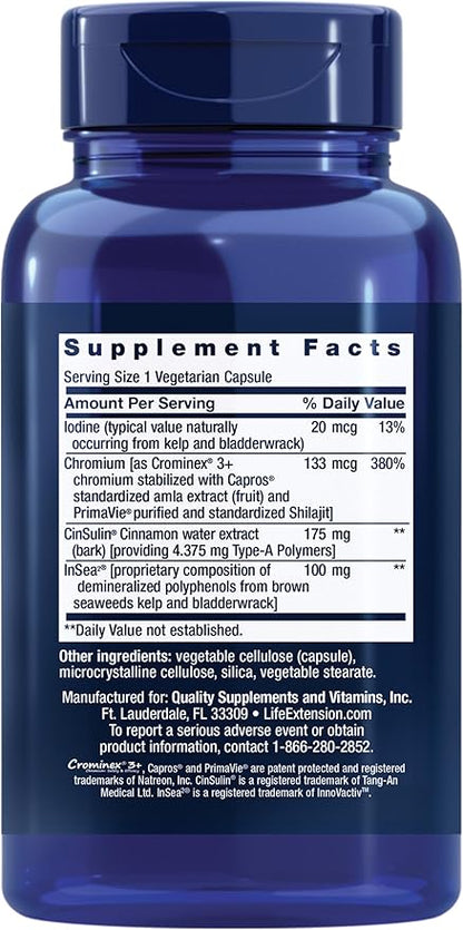 Life Extension CinSulin® with InSea2® and Crominex® 3+, shilajit, amla Fruit, Cinnamon, Brown Seaweed, Supports Healthy Metabolism and Satiety, Gluten-Free, Non-GMO, Vegetarian, 90 Capsules