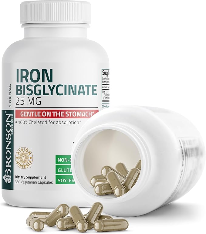 Bronson Iron Bisglycinate 25 mg Gentle on The Stomach, Supports Energy & Healthy Red Blood Cell Production - Non-Constipating Formula - Non GMO, 360 Vegetarian Capsules