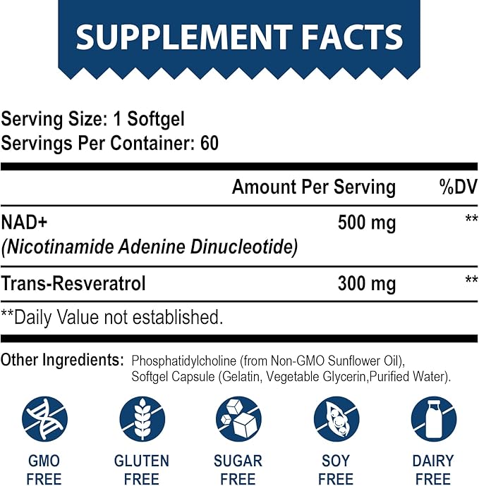 Liposomal NAD+ 500 mg + Trans-Resveratrol 300 mg, Superior Absorption True NAD Supplement Efficient for Cellular Energy Metabolism & DNA Repair, 60 Softgels