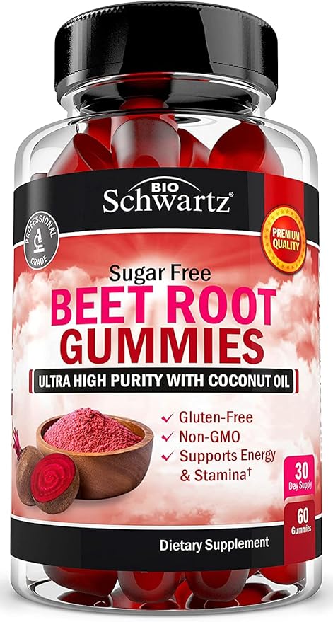 Sugar Free Beet Root Gummies - Nitric Oxide Beet Chews Infused with Coconut Oil for Highest Absorption - Supports Energy & Whole Body Health - Delicious Strawberry Flavor - 60 Count (30 Day Supply)