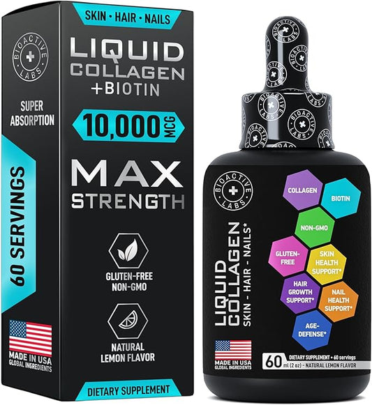 Hydrolyzed Liquid Collagen Peptides and Biotin - Hair Skin and Nails Collagen and Biotin Drops Supplement - Collagen Liquid for Women and Men - Lemon Collagen Type 1 and 3 Biotin Drop - 60ml