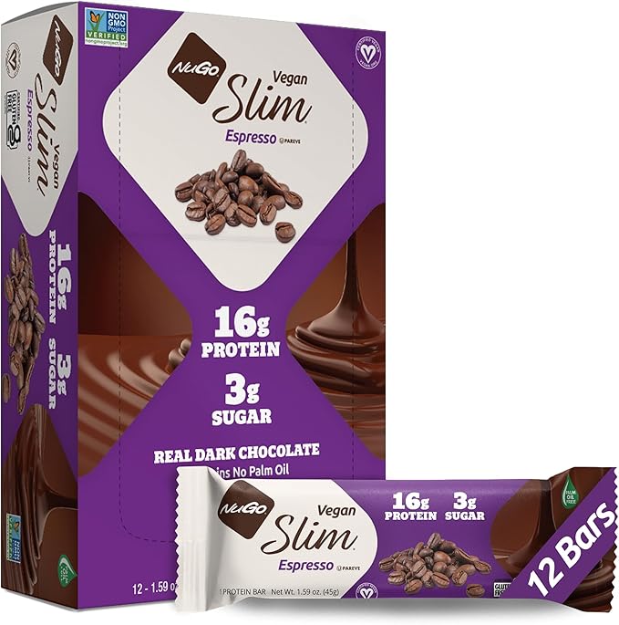 NuGo Slim Dark Chocolate Espresso, 16g Vegan Protein, 3g Sugar, 7g Fiber, 170 Calories, Low Net Carbs, Gluten Free, 12 Count