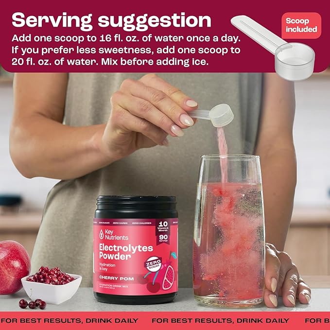 KEY NUTRIENTS Multivitamin Electrolytes Powder No Sugar - Sweet Cherry Pom Electrolyte Powder - Endurance & Energy Supplement - Hydration Powder - No Calories - 90 Servings - Made in USA