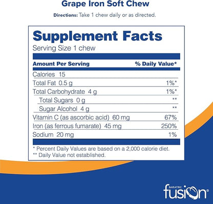 Bariatric Fusion Iron Soft Chew with Vitamin C | Grape Flavored | Chewy Vitamin for Bariatric Patients | Gluten Free | Iron Supplement for Women and Men | 60 Count | 2 Month Supply