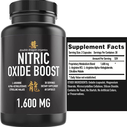 Nitric Oxide Booster Supplement, 1600mg Extra Strength L-Arginine, Citrulline Malate, and Alpha-Ketoglutarate (60 Count, 1 Bottle)