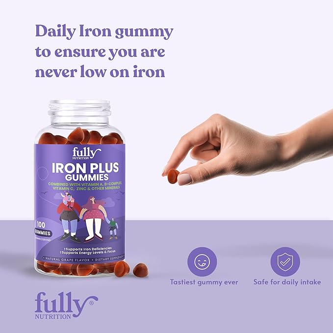 Iron Gummies Supplements for Adults (Women, Men) and Kids – Grape Flavor- Supports Anemia, Energy and Focus Levels – 200 Count