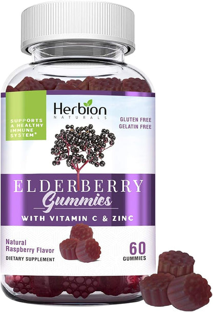 Herbion Elderberry Gummies with Vitamin C & Zinc - Healthy Immune System Support - Gluten-Free & Gelatin-Free - 60 Gummies for Adults & Children 4 Years & Above - Made in USA.