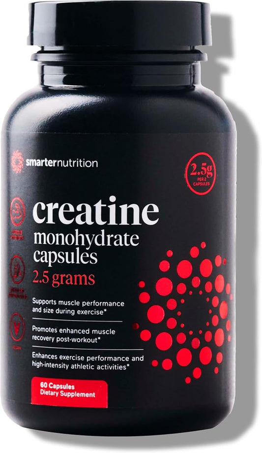 Smarter Nutrition Creatine Monohydrate Pills with 2500mg (2.5g) Per Serving, Vegan Capsules - Pre & Post Workout Recovery Support, Promotes Muscle Mass &. Endurance - 60 Count[30-Day Supply]
