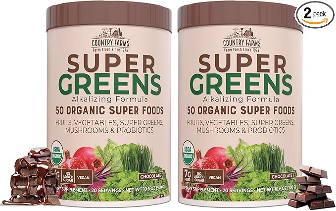 COUNTRY FARMS Super Greens Chocolate Flavor, 50 Organic Super Foods, USDA Organic Drink Mix, Fruits, Vegetables, Super Greens, Mushrooms & Probiotics, Supports Energy, 40 Servings, 10.6 Oz, 2 Pack
