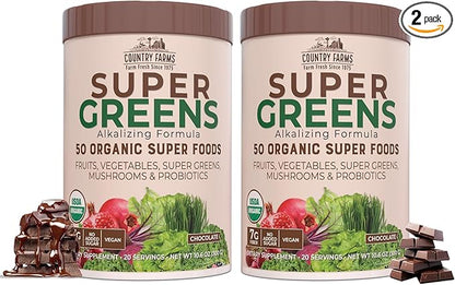 COUNTRY FARMS Super Greens Chocolate Flavor, 50 Organic Super Foods, USDA Organic Drink Mix, Fruits, Vegetables, Super Greens, Mushrooms & Probiotics, Supports Energy, 40 Servings, 10.6 Oz, 2 Pack