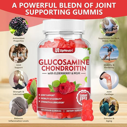 Sugar Free Glucosamine Chondroitin Gummies, Extra Strength 1500mg Glucosamine with Chondroitin MSM & Elderberry & Turmeric, Joint Support Supplement for Men & Women Joint Health