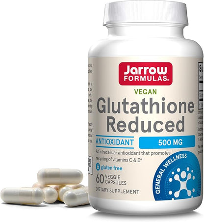 Jarrow Formulas Glutathione Reduced 500 mg - 60 Veggie Capsules - Intracellular Antioxidant - Quality Glutathione Supplements - Supports Recycling of Vitamins C & E - Non-GMO - Gluten Free - Vegan