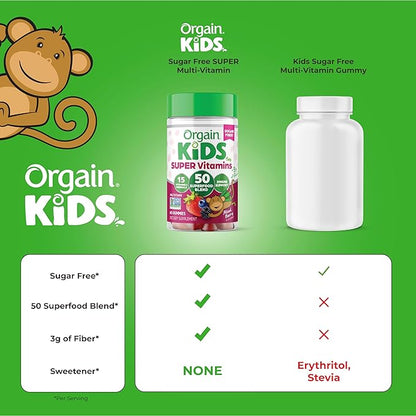 Orgain Kids Sugar Free Multivitamin Gummies, Vegan & Plant Based, 50 Superfoods, 15 Vitamins and Minerals, Immune Support and 3g of Fiber, Mixed Berry, Ages 4+, 1 Month Supply (60 Gummies)