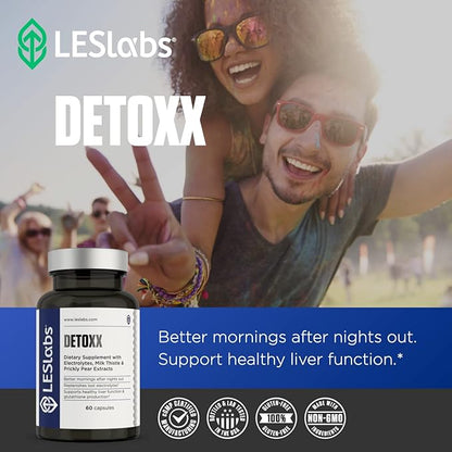 LES Labs DeToxx – Better Mornings & Recovery, Liver Support, Electrolyte Replenishment & Glutathione Support – Prickly Pear, Milk Thistle & NAC – Non-GMO Supplement – 60 Capsules