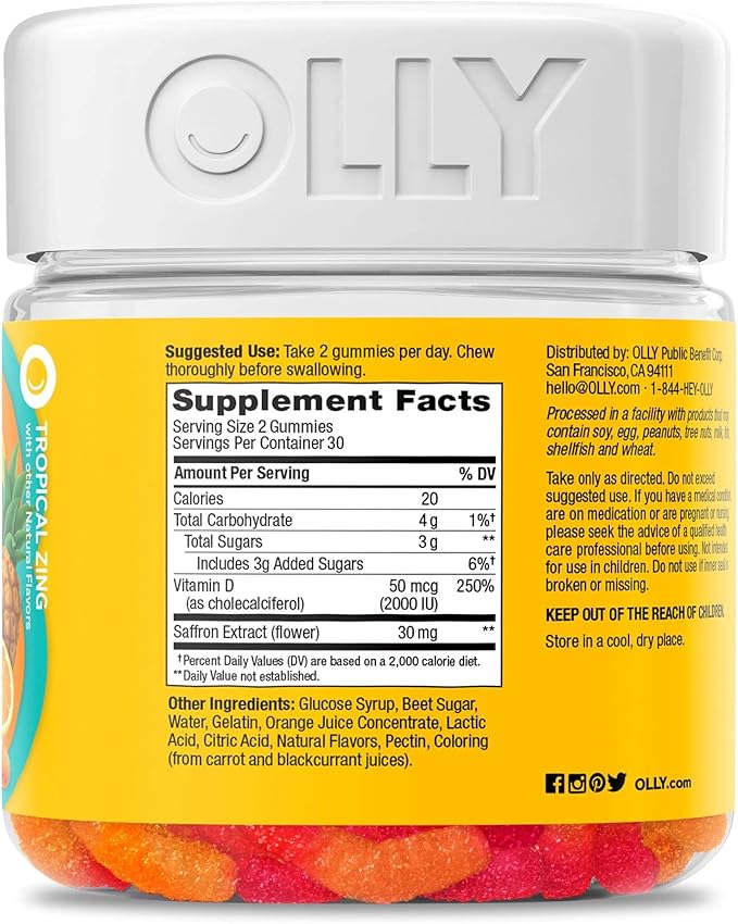 OLLY Hello Happy Gummy Worms, Mood Balance Support, Vitamin D, Saffron, Adult Chewable Supplement, Tropical Zing - 60 Count