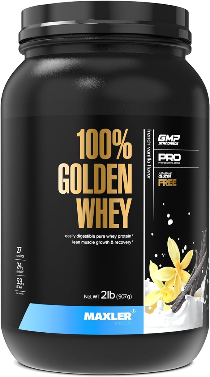 Maxler 100% Golden Whey Protein - 24g of Premium Whey Protein Powder per Serving - Pre, Post & Intra Workout - Fast-Absorbing Whey Hydrolysate, Isolate & Concentrate Blend - French Vanilla 2 lbs