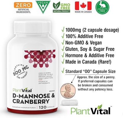 Plantvital D Mannose Capsules with Cranberry - D-mannose 1000mg Capsules - High Potency for Bladder, Kidney and Urinary Tract Support. Cranberry Powder with Hibiscus and Dandelion.4 Months Supply