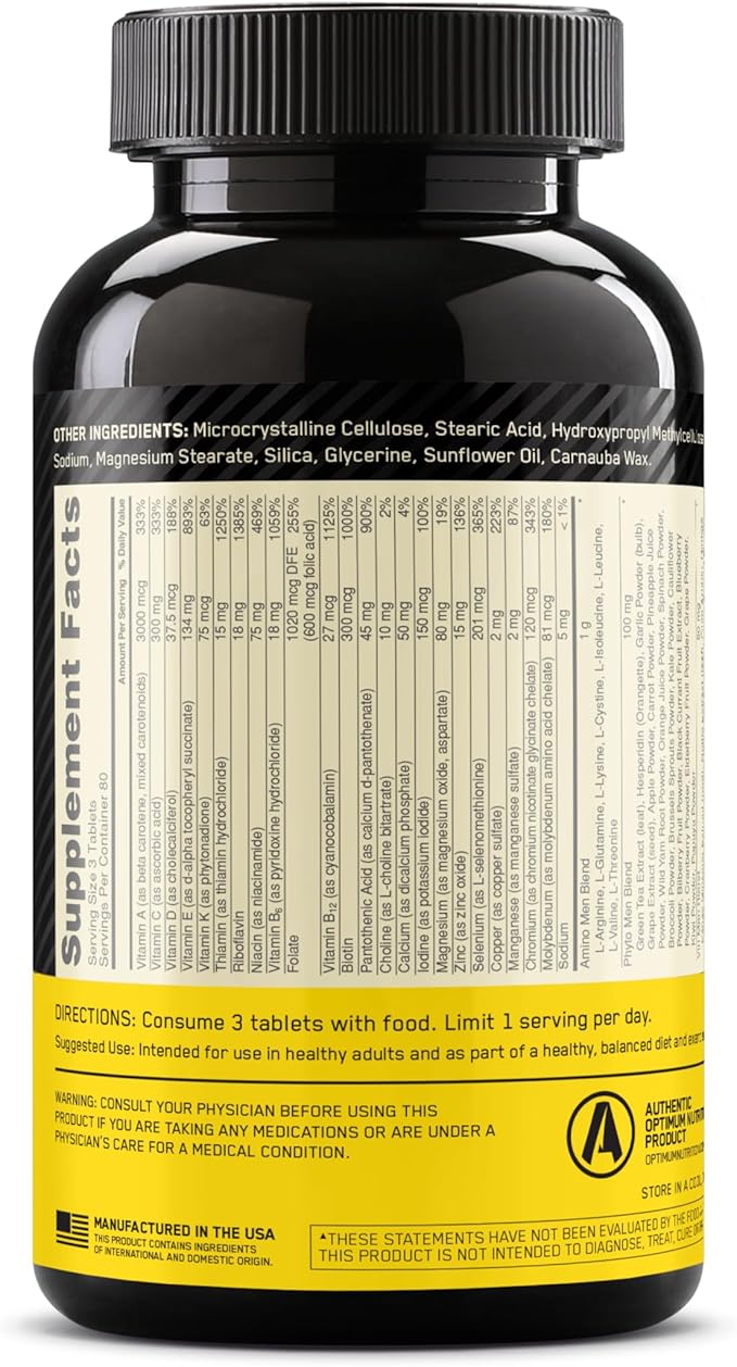 Optimum Nutrition Opti-Men Daily Multivitamin for Men, Immune Support Supplement with Amino Acids, 80 Day Supply, 240 Count, (Packaging May Vary)