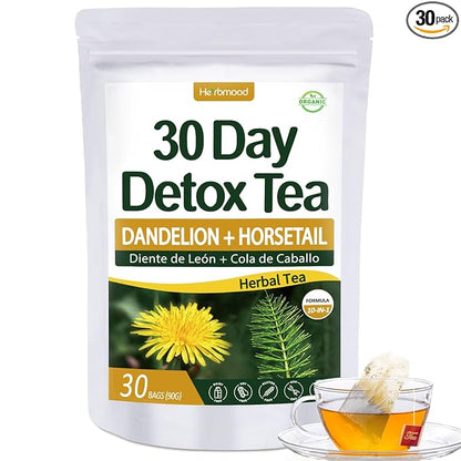 Herbmood 30 Day Detox Tea for body Cleanse, Te de Diente de Leon & cola de caballo Organico Natural, Limpieza de Colon y Desintoxicar, Digestive Health, Edema & Bloating Relief for Women, 30 Bags