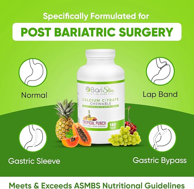 BariSlim Bariatric Calcium Citrate with Magnesium and Vitamin D Tabs - 500 mg of Calcium Citrate Per Serving - Formulated for Patients After Weight Loss Surgery | Tropical Punch (90 Servings)
