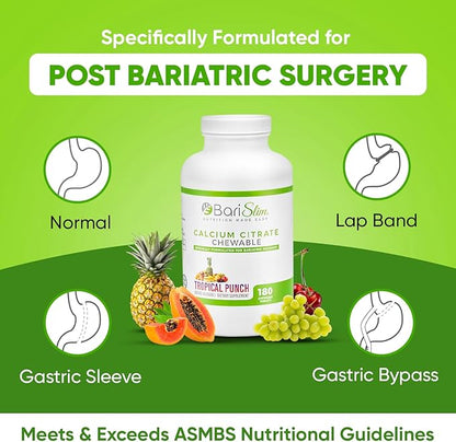 BariSlim Bariatric Calcium Citrate with Magnesium and Vitamin D Tabs - 500 mg of Calcium Citrate Per Serving - Formulated for Patients After Weight Loss Surgery | Tropical Punch (90 Servings)