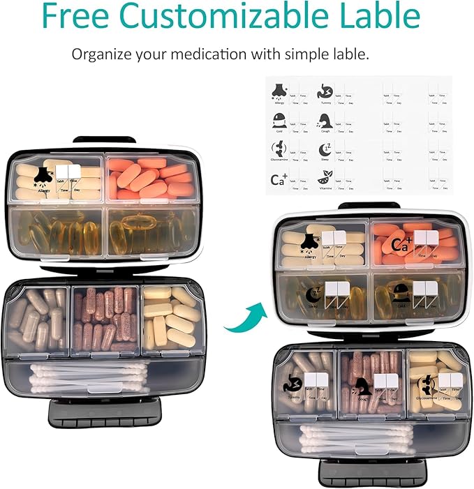 Travel Pill Organizer Large Portable Medication Fullicon Oversize 8 Compartment Pill Box, Vitamin Travel Case Pill Holder - Airtight & Moistureproof (Black)
