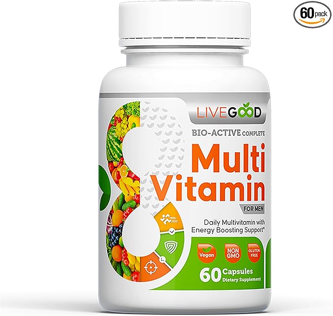 LiveGood™ Men's Bio-Active Complete Multivitamin, Daily Supplement with Vitamin A, B12, C, E, Lycopene, Vegan, 60 Capsules