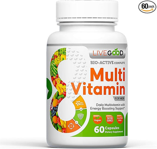 LiveGood™ Men's Bio-Active Complete Multivitamin, Daily Supplement with Vitamin A, B12, C, E, Lycopene, Vegan, 60 Capsules