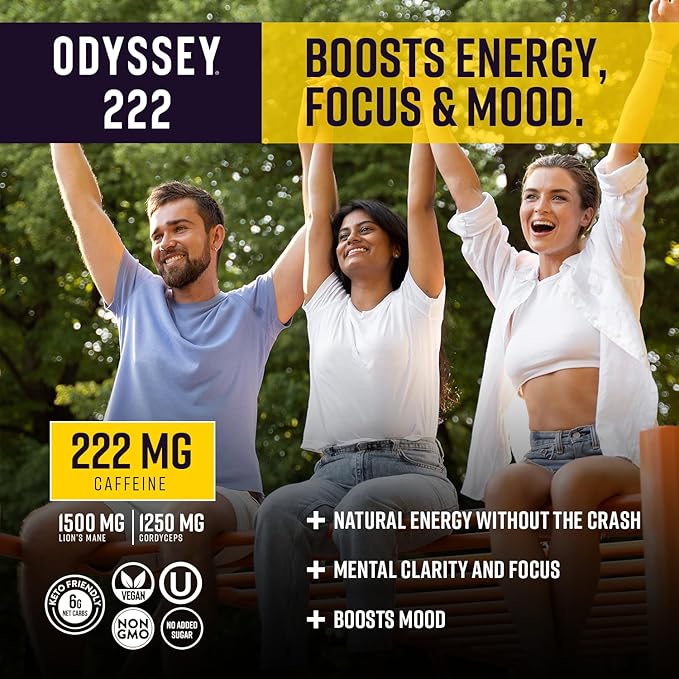 Odyssey Elixir - Odyssey 222 - Sparkling Energy Drink - 222 mg of Caffeine - Lion's Mane & Cordyceps - Energy & Focus - Endurance & Stamina - Nootropic - Pre Workout - Pineapple Mango